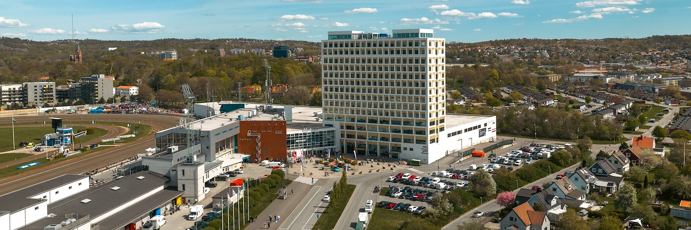 Drönarbild på Åby Arena och parkeringen